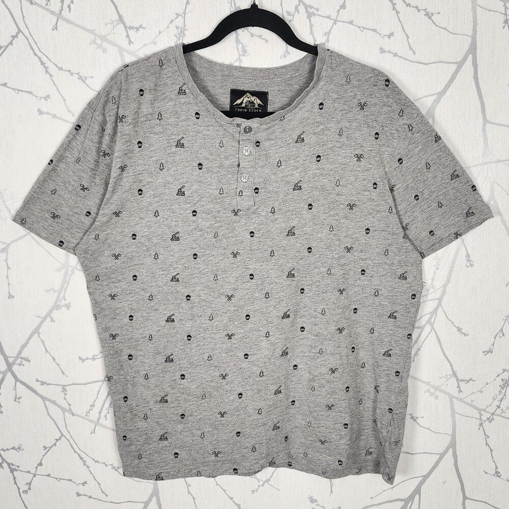 Cabin Fever Hiking Camping Print Cotton Blend Short Sleeve Henley